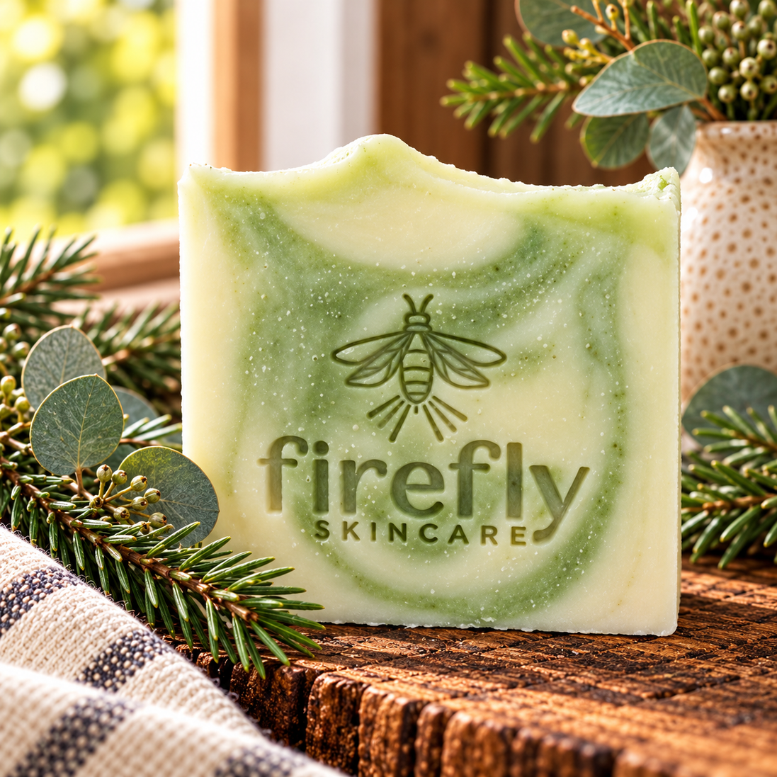 Alpine Mist handcrafted tallow soap by Firefly Skincare, featuring natural ivory and soft botanical green drop swirls with a gently waved top, displayed on rustic wood alongside fresh peppermint and eucalyptus in a warm farmhouse setting.