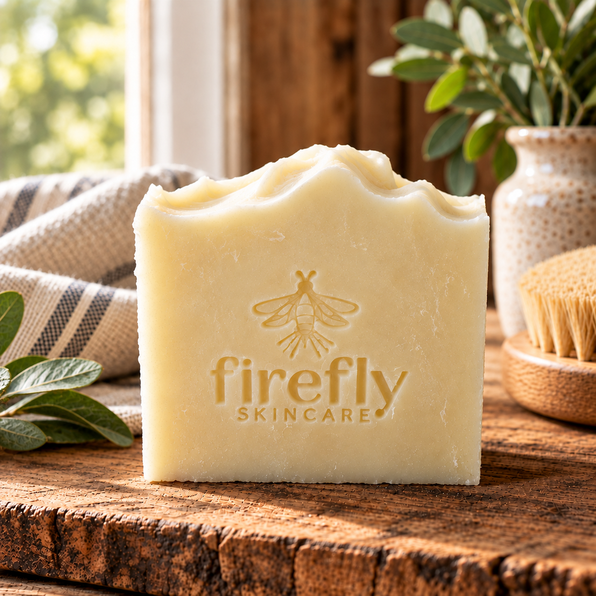 Unscented Pure handcrafted grass-fed tallow soap by Firefly Skincare, featuring a natural ivory color, gently waved top, and embossed Firefly logo, displayed on rustic wood with soft linens, greenery, and farmhouse accents in warm natural sunlight.