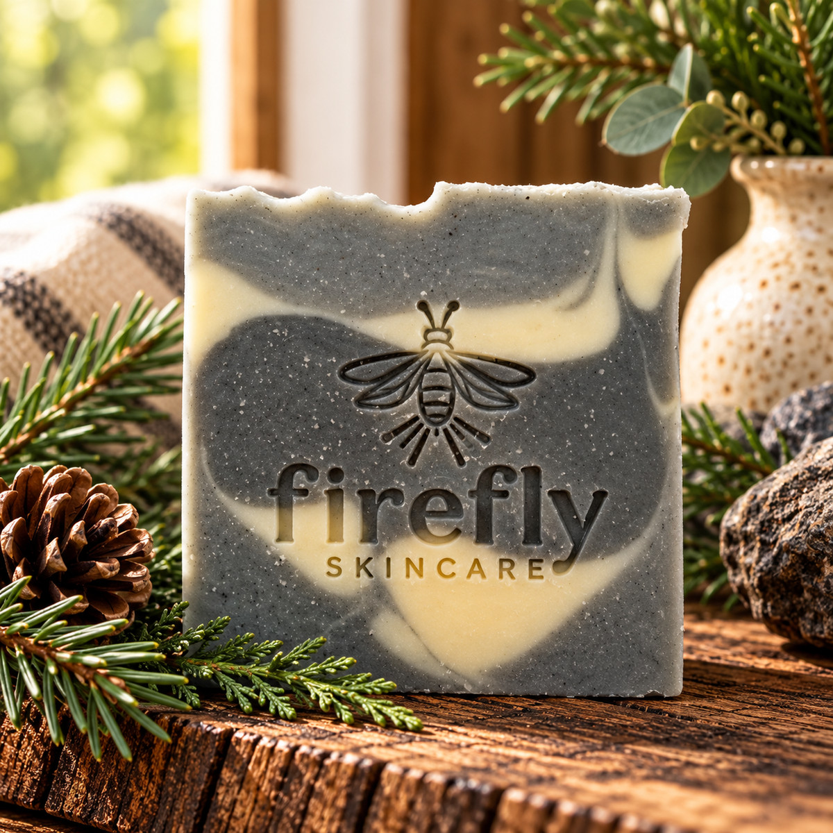 Timberline handcrafted tallow soap by Firefly Skincare, featuring natural cream, stone gray, and charcoal woodgrain swirls with a partial honeycomb top, displayed on rustic wood with evergreen sprigs in a warm farmhouse setting.