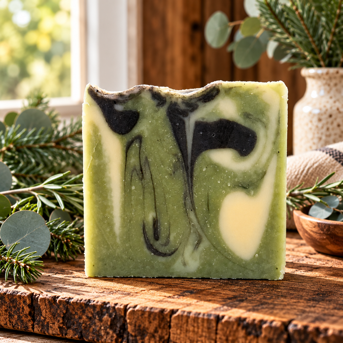 A rectangular bar of handmade soap with a creamy off-white base and dark charcoal-black and forest green marbled swirls, displayed on a rustic wooden surface with charcoal and greenery in the background.