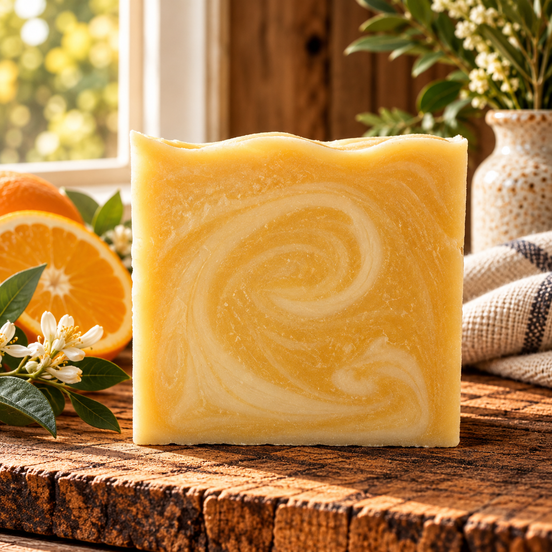 Golden Hour handcrafted tallow soap by Firefly Skincare, featuring honey-yellow, natural cream, and golden-orange swirls with a gently waved top, displayed on rustic wood alongside fresh oranges, grapefruit, and farmhouse accents in warm natural sunlight.