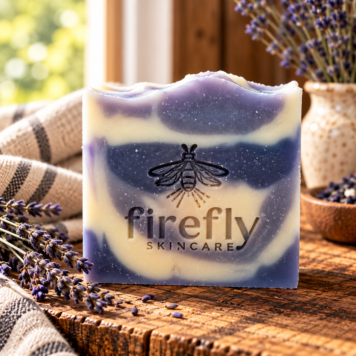 A handmade bar of soap with a fluted rim. The soap is a pale cream color with purple/blue swirls and is displayed on a rustic wooden surface with lavender flowers, a striped cloth, and a wooden brush in the background.