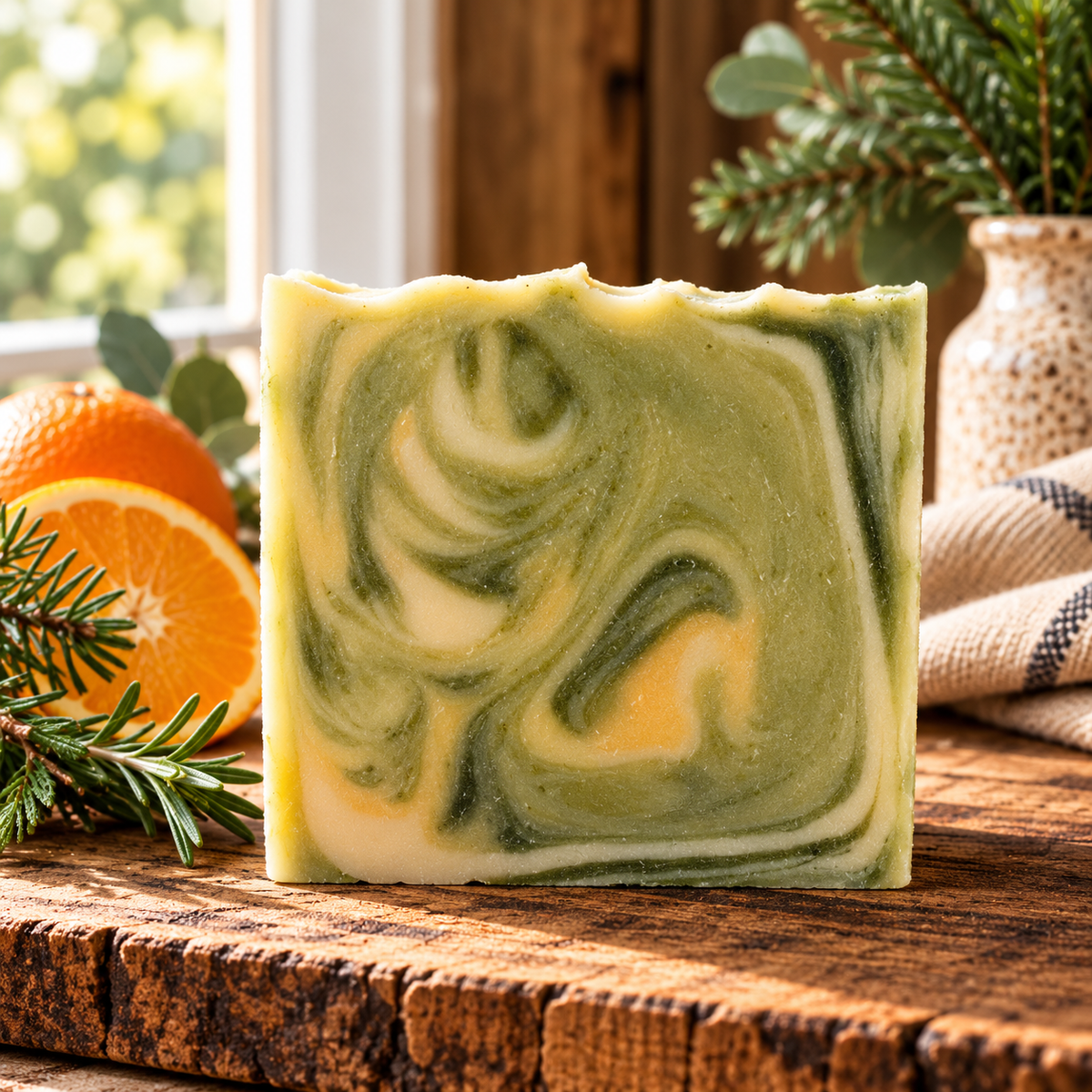 A rectangular bar of handmade soap with a marbled orange, cream and green pattern displayed on a rustic wooden board with rosemary sprigs.