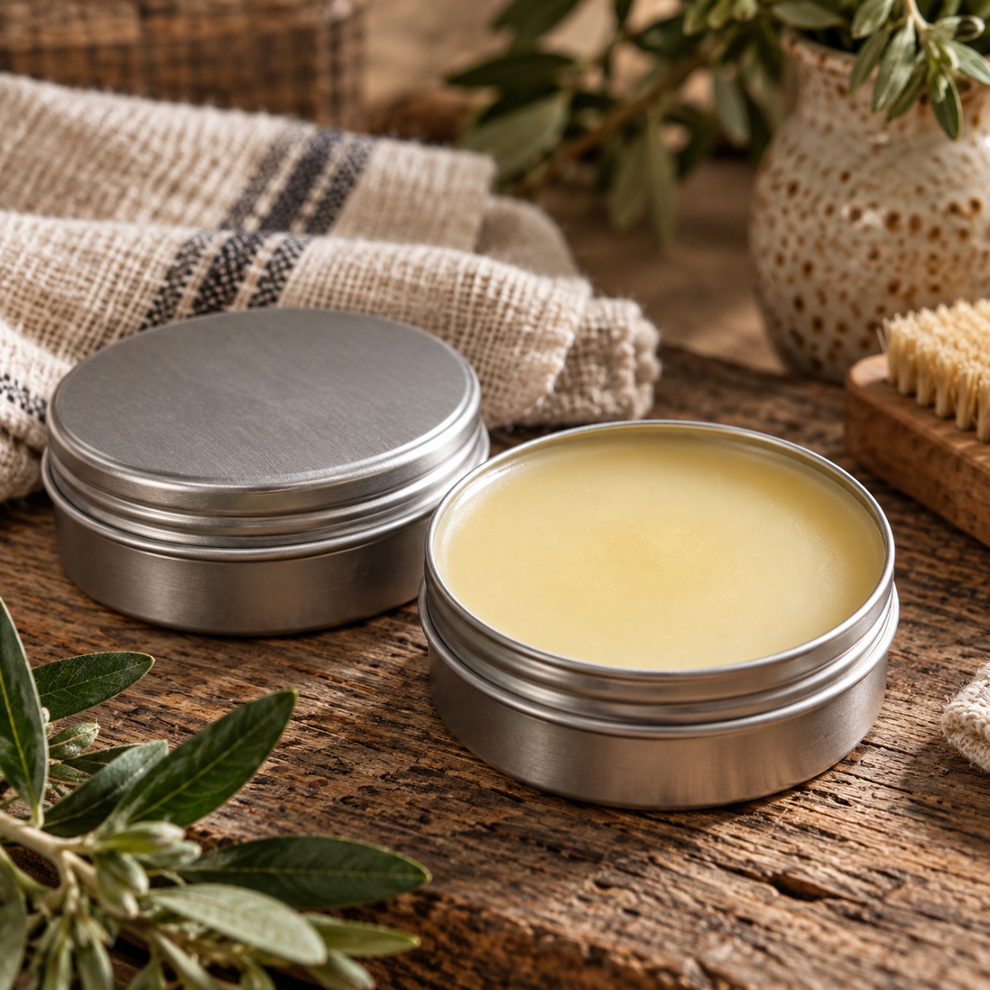 Two brushed steel tins of handcrafted tallow hand and foot balm, one closed and one open to reveal smooth golden balm, styled on rustic wood with linen and greenery.
